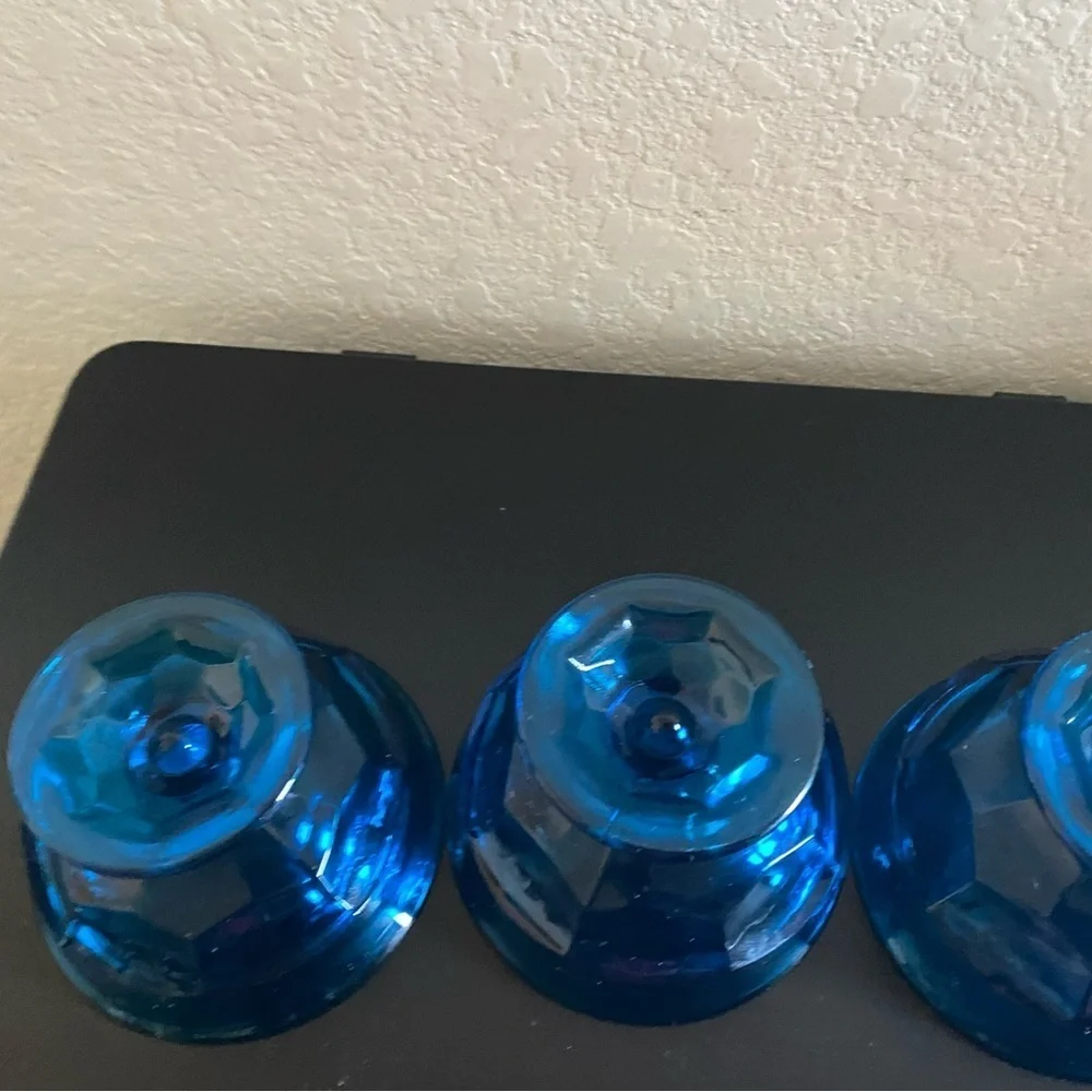 3 Viking Glass Bluenique Georgian Thumbprint Footed Blue Glass Dessert MCM Bowls